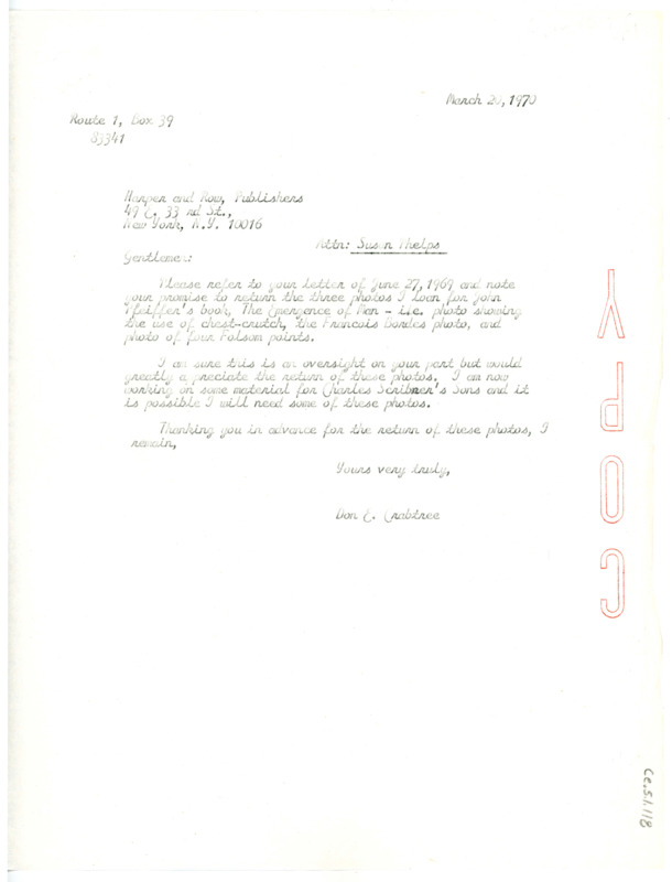 Letter from Don Crabtree to Harper and Row Publishers requesting the return of loaned pictures sent to the firm.