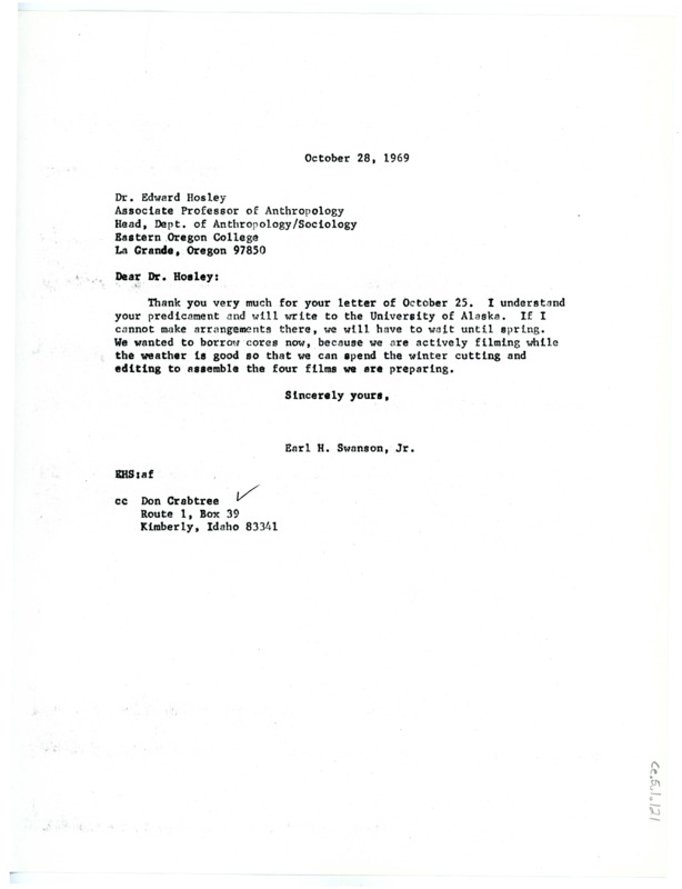 Letter from Earl Swanson to Edward Hosley offering help with a problem in filming.