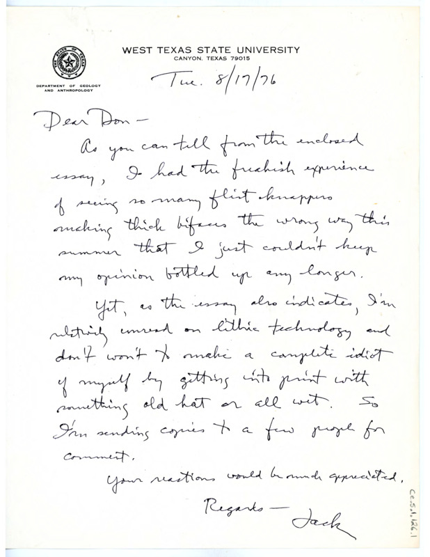 Handwritten letter from Jack T. Hughes to Don Crabtree requesting Crabtree look over his essay entitled "Some Thoughts on Flint Chipping from a Tyro"; essay enclosed.