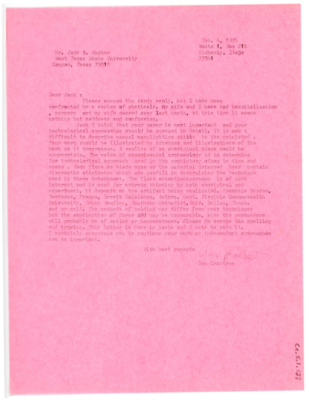 Letter from Don Crabtree to Jack T. Hughes regarding comments on Hughes' essay.