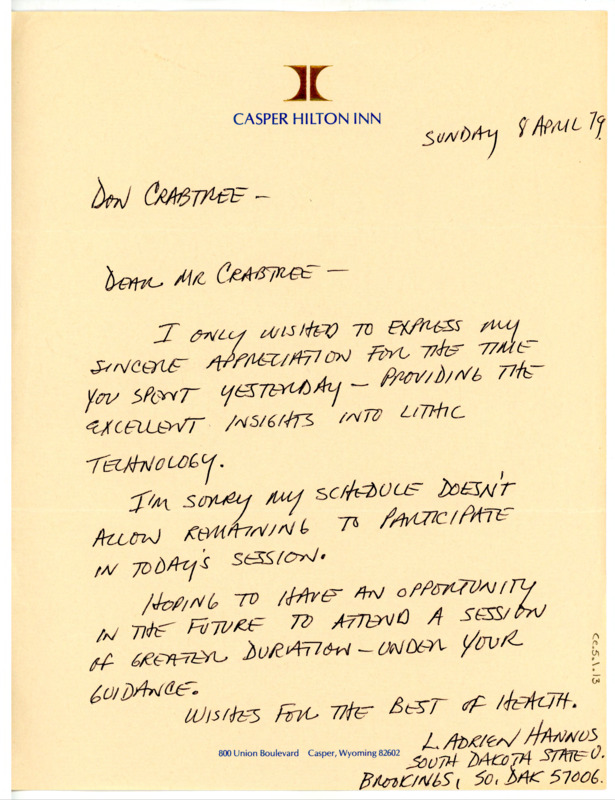 Letter from L. Adrien Hannus to Don Crabtree thanking him for his insight into lithic technology.