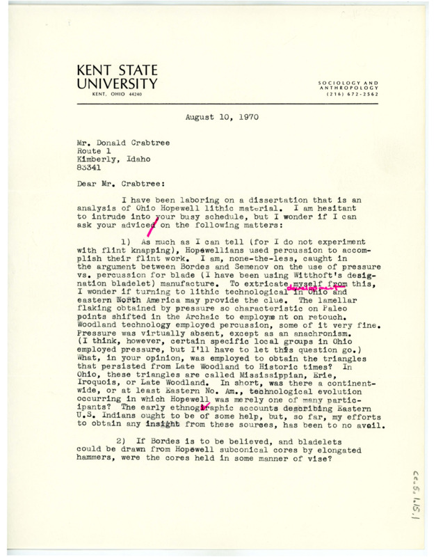 Letter from Barbara Harkness to Don Crabtree asking for advice on a few questions regarding her thesis.