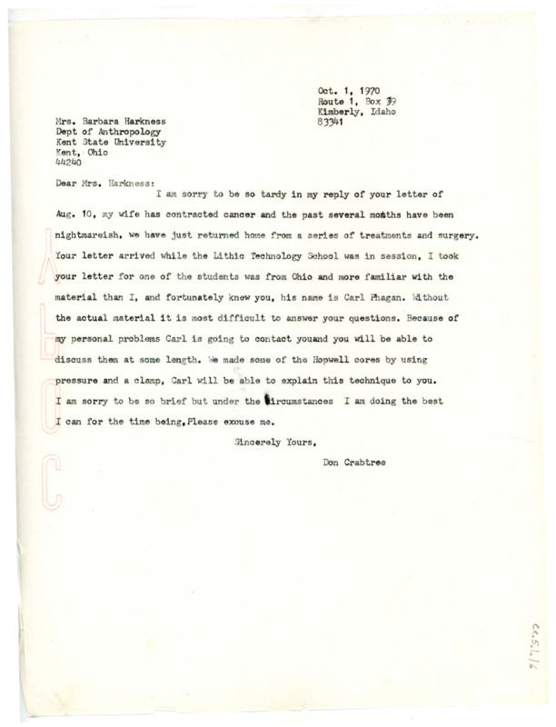 Letter from Don Crabtree to Barbara Harkness referring her questions to another expert as he has health concers to contend with.