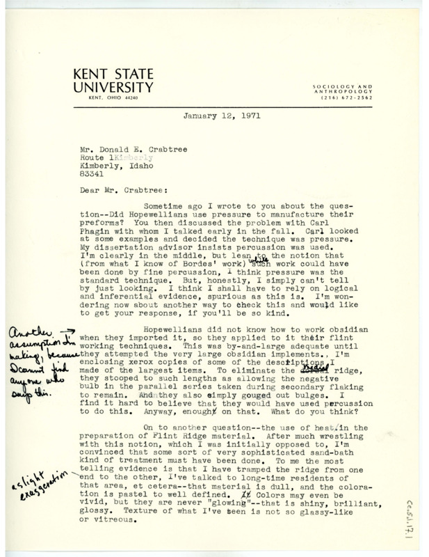 Letter from Barbara Harkness to Don Crabtree regarding previous questions about her thesis, including Hopewellian practices and Flint Ridge material. Includes Harkness' typed notes.