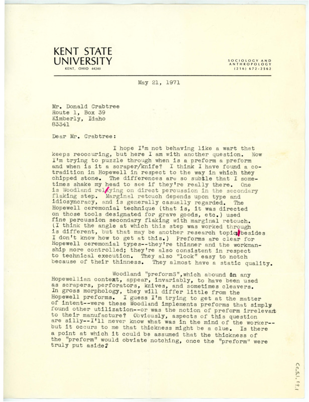 Letter from Barbara Harkness to Don Crabtree regarding the typology of preforms vs blades/knives. She offers to show him flint examples from Ohio as thanks.