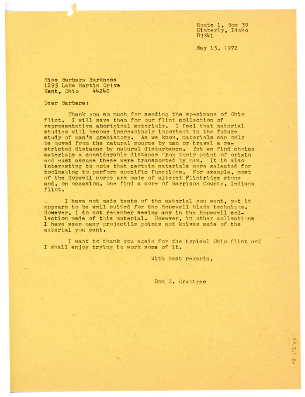 Letter from Don Crabtree to Barbara Harkness thanking her for sending Ohio flint specimens.