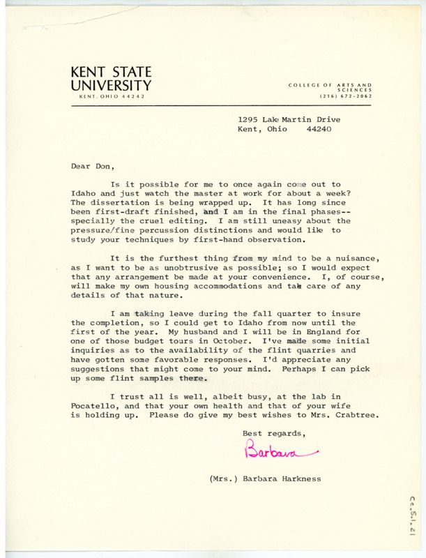 Letter from Barbara Harkness to Don Crabtree asking if it would be possible to watch him at work for a week, if his schedule allows.