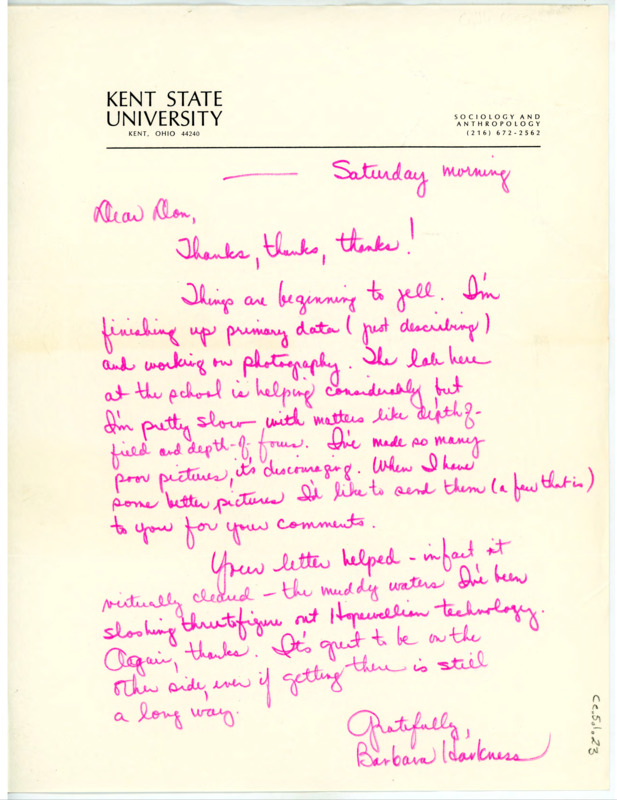 Letter from Barbara Harkness to Don Crabtree thanking him for his help with her thesis.