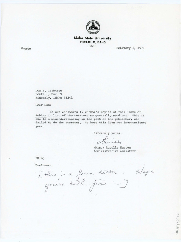 Letter from Lucille Harten to Donald "Don" E. Crabtree apologizing for a lack of overrun Tebiwa articles, instead replacing them with 15 author's copies.