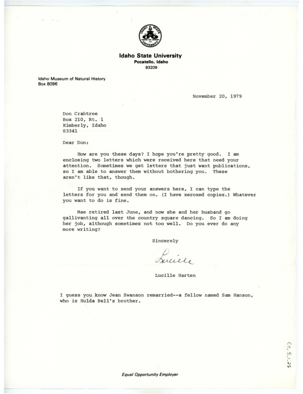 Letter from Lucille Harten to Don Crabtree regarding letters about his publications that need attention and recent happenings.