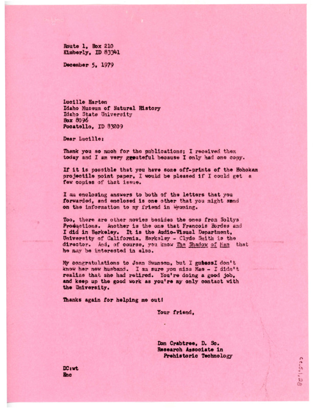 Letter from Don Crabtree to Lucille Harten thanking her for sending the publications, asking her to send forward a couple letters from him, and a recommendation to Clyde Smith's "Shadow of Man".