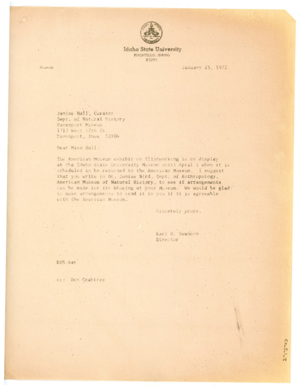 Letter from Earl Swanson to Janice Hall regarding contacting Junius Bird on more information regarding showing part of a lithic technology exhibit.