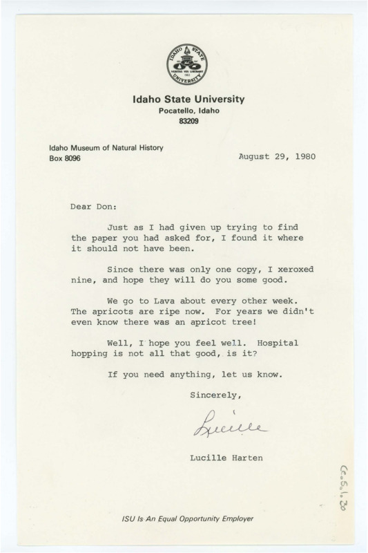 Letter from Lucille Harten to Don Crabtree regarding a lost paper and Lava Hot Springs.