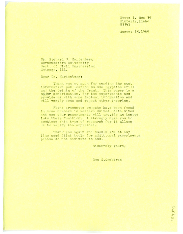 Letter from Don Crabtree to Richard Hartenberg thanking him for sending a copy of "The Egyptian Drill and the Origin of the Crank".