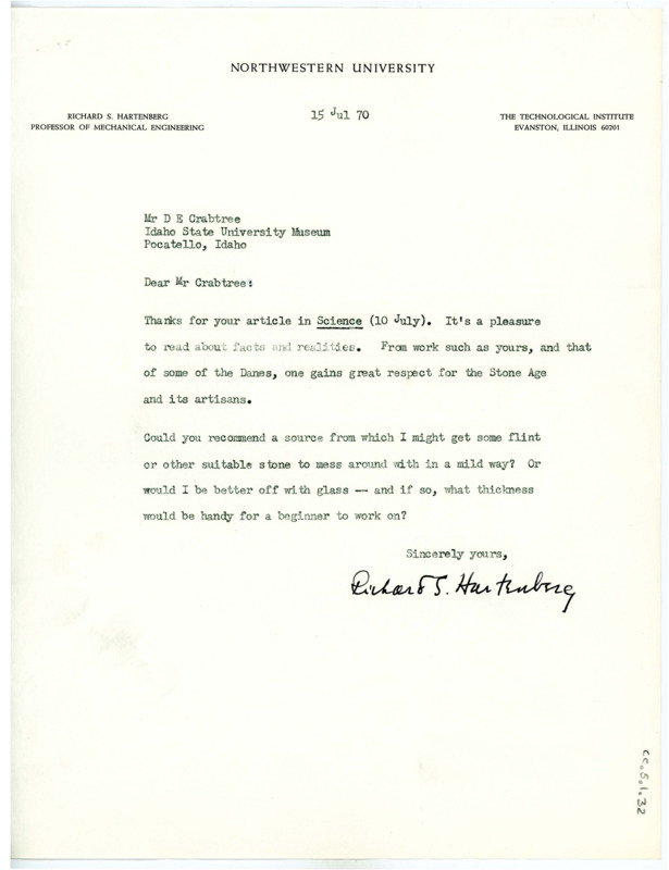 Letter from Richard Hartenberg to Don Crabtree asking for a source where he might get flint.