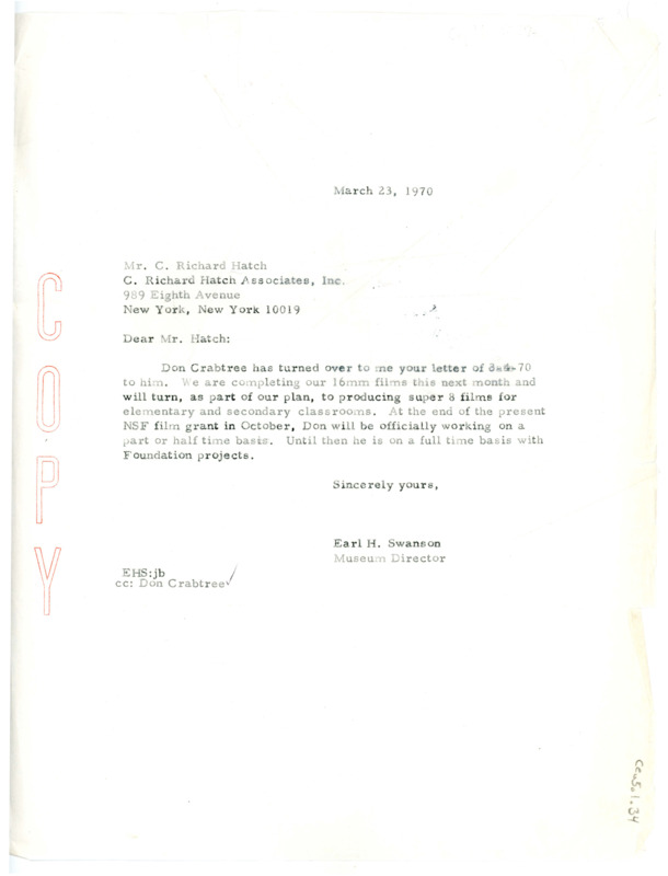 Letter from Earl Swanson to Richard Hatch regarding filmmaking.