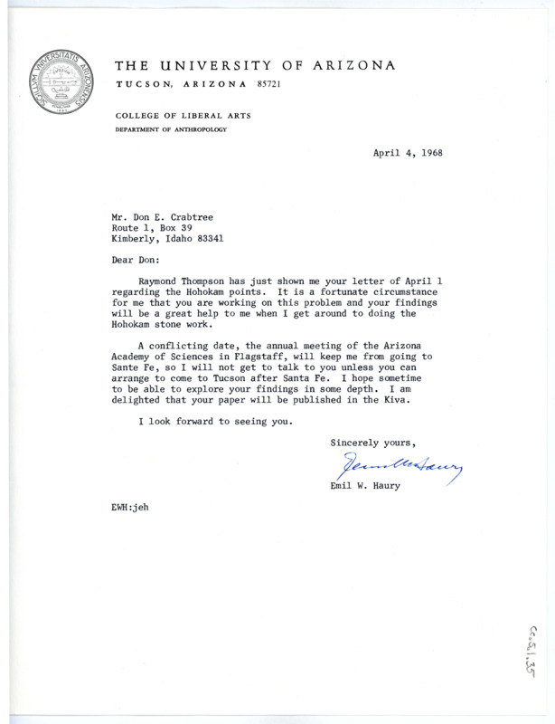 Letter from Emil Haury to Don Crabtree regarding Hohokam points and plans to meet each other.