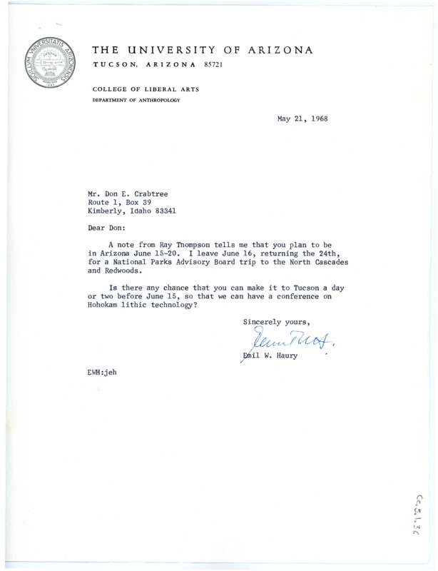 Letter from Emil Haury to Don Crabtree regarding a chance to meet up in Tucson.