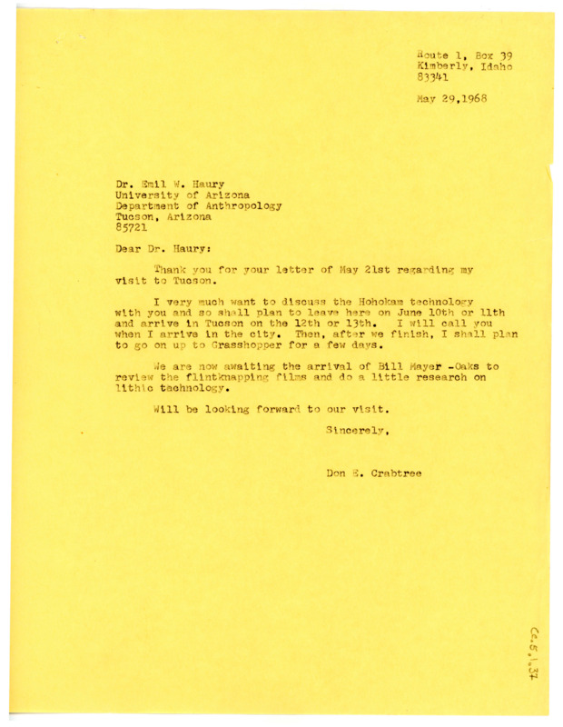 Letter from Don Crabtree to Emil Haury regarding plans for a discussion on Hohokam points.