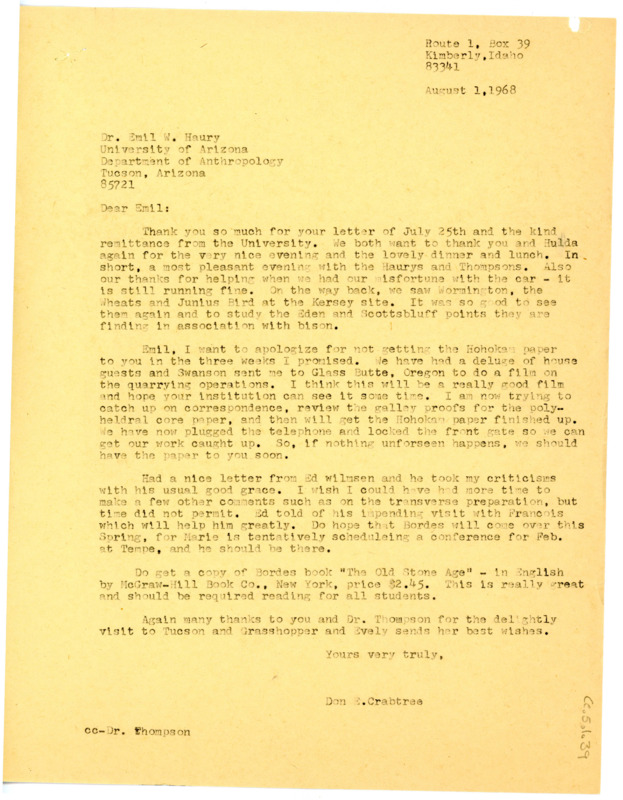 Letter from Don Crabtree to Emil Haury thanking him for sending the University's remittance and apologizing for not getting his Hohokam paper to him in time.