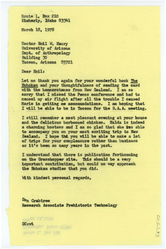 Letter from Don Crabtree to Emil Haury thanking him for his copy of The Hohokam, and apologizing for missing the Pecos conference.