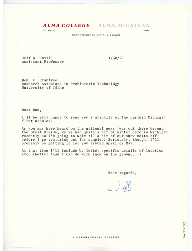 Letter from Jeffrey Havill to Don Crabtree regarding a shipment of Eastern Michigan flint nodules and the harsh winter.