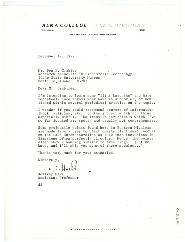 Letter from Jeffrey Havill to Don Crabtree asking for sources on learning the art of flintknapping.