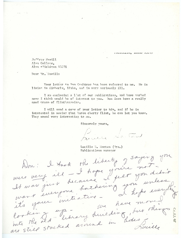 Letter from Lucille Harten to Jeffrey Havill regarding publications that might interest him while Crabtree is on leave. A note from Lucille is written on the bottom of the paper for Don Crabtree, and hopes he is feeling well.