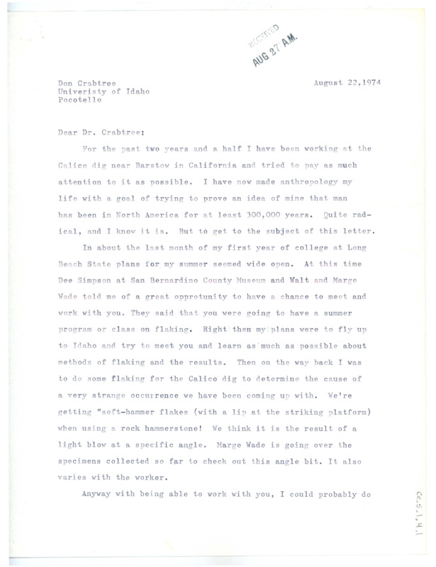 Letter from Richard Halsey to Don Crabtree regarding a strange pattern of flakes found at his excavation site in Calico, California.