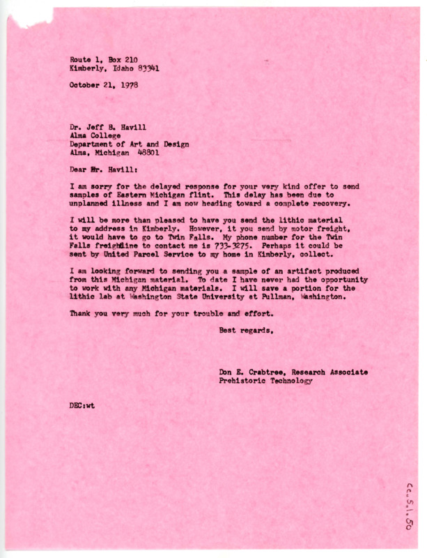 Letter from Don Crabtree to Jeffrey Havill thanking him for the shipment of flint and apologizing for a delayed response.