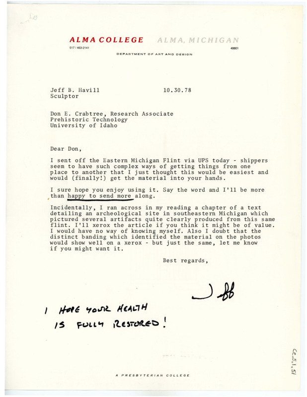 Letter from Jeffrey Havill to Don Crabtree regarding a shipment of flint and an article on an archaeological site featuring tools of the same material.