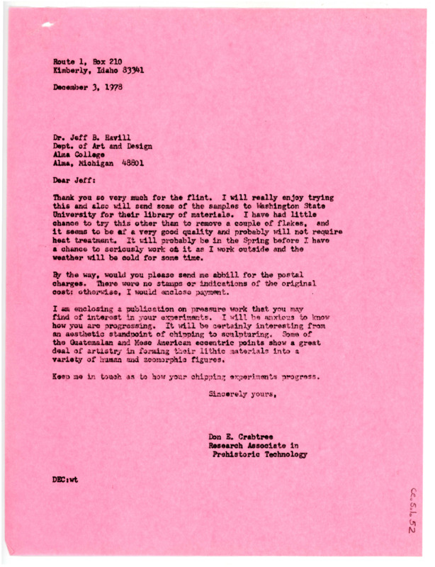 Letter from Don Crabtree to Jeffrey Havill thanking him for the shipment of flint and a publication on pressure working.