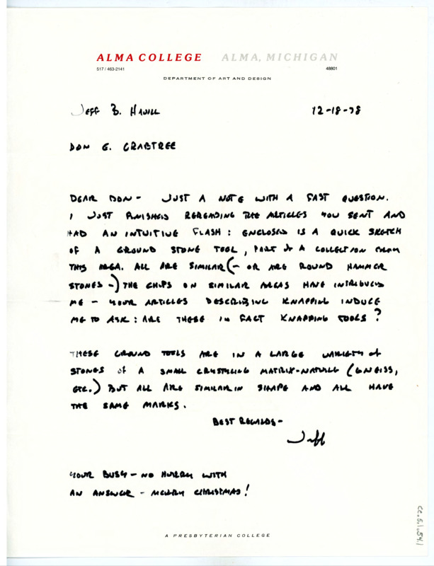 Letter from Jeffrey Havill to Don Crabtree regarding a question on characteristics of a stone tool; a diagram of the tool in question is sketched in marker and labelled with observations from Havill. Envelope included.