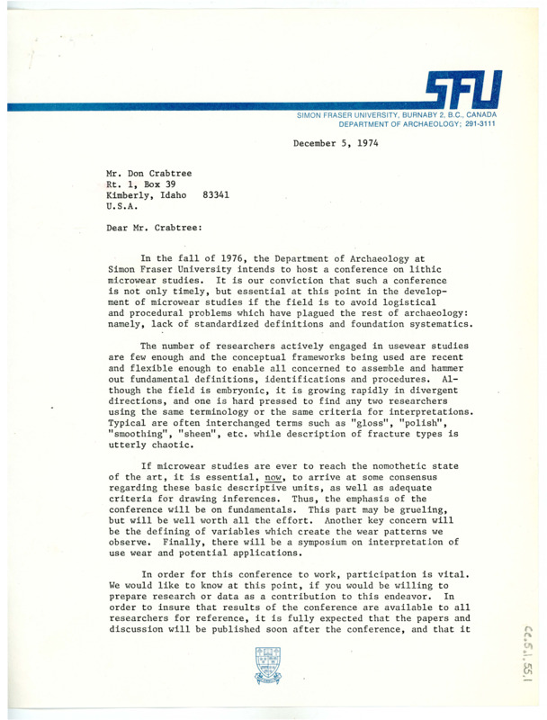 Letter from Brian Hayden to Don Crabtree regarding plans for an upcoming archaeology conference and an invitation to present research on microwear.