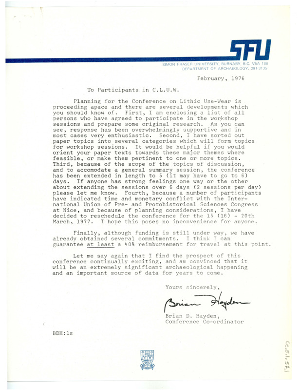 Letter from Brian Hayden to Don Crabtree regarding updates on the upcoming Conference on Lithic-Use Wear. Includes a list of delegates attending the conference and symposium topics.