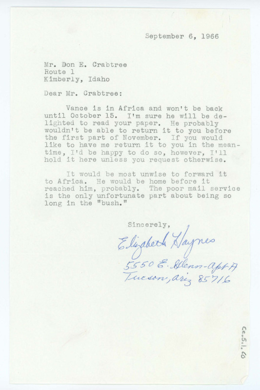 Letter from Elizabeth Haynes to Don Crabtree regarding Vance Haynes.