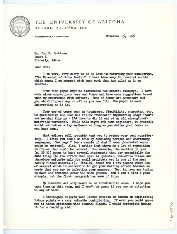 Letter from Vance Haynes to Don Crabtree reviewing his paper on flintknapping materials.