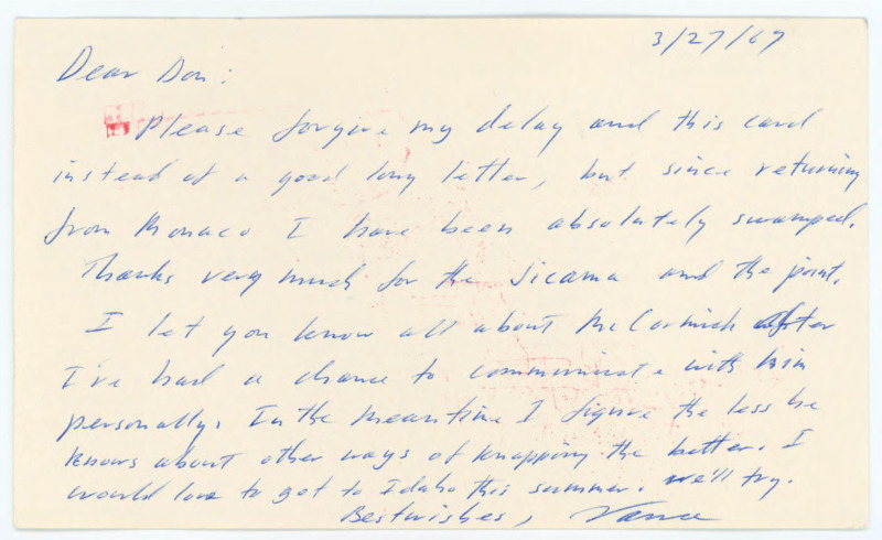 Handwritten note from Vance Haynes to Don Crabtree thanking him for the flakes and points sent over.