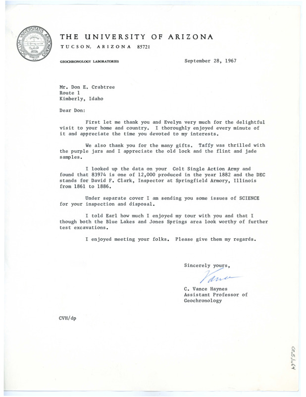 Letter from Vance Haynes to Don Crabtree thanking him and Evelyn Crabtree for hosting Vance during his visit and the gifts for his family.