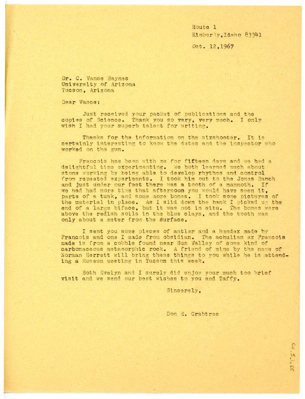 Letter from Don Crabtree to Vance Haynes thanking him for his gift of publications and copies of Science magazine; also, regarding Francois Bordes' visit and a gift of antler and a handaxe made by Bordes.