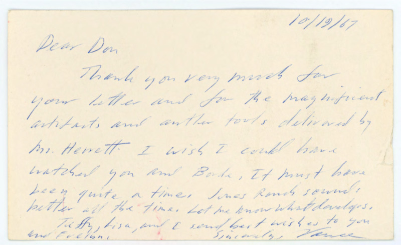 Handwritten note from Vance Haynes to Don Crabtree thanking him for the sent artifacts and tools.