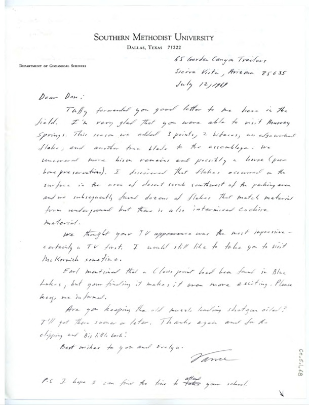 Handwritten letter from Vance Haynes to Don Crabtree regarding his current excavation and recent happenings. In a postscript, he hopes he can attend Crabtree's field school and mentions findings regarding fluted Clovis bifaces.