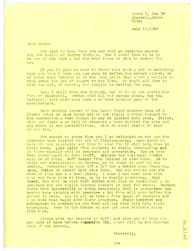 Letter from Don Crabtree to Vance Haynes regarding his summer field school and plans to have Haynes visit him soon.