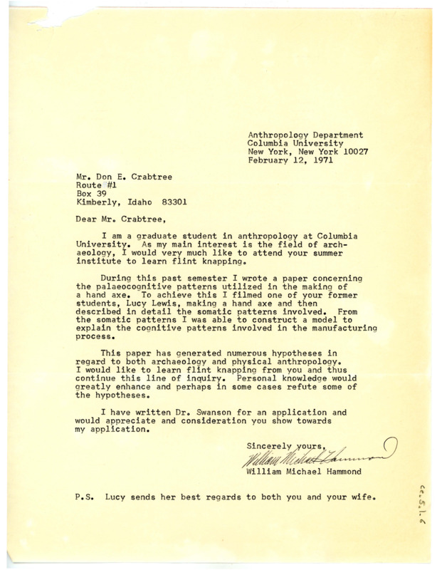 Letter from William Michael Hammond to Don Crabtree regarding attending Crabtree's summer field school.