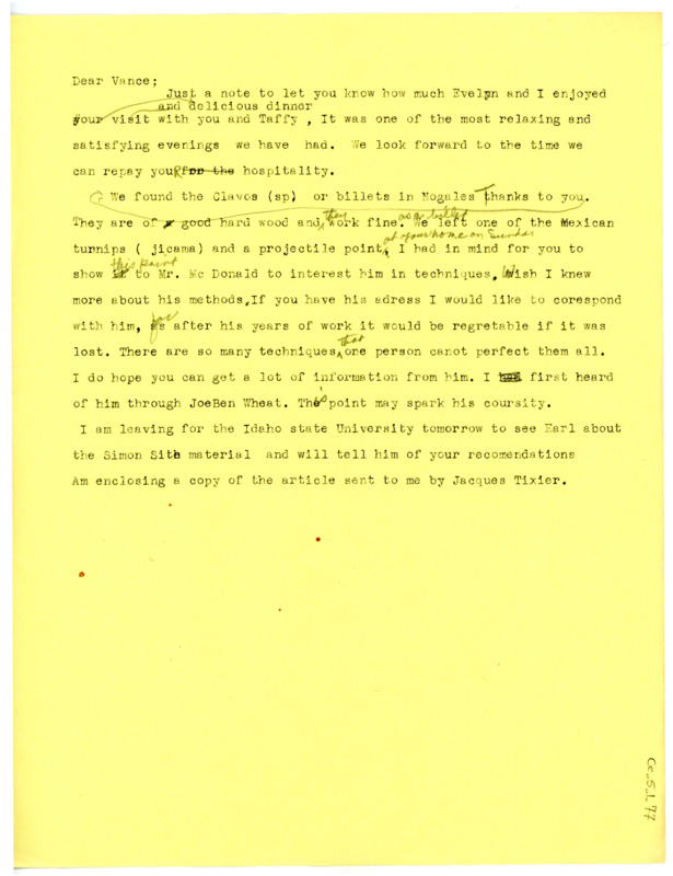 Letter from Don Crabtree to Vance Haynes regarding the Haynes' visit and recent archaeological finds.