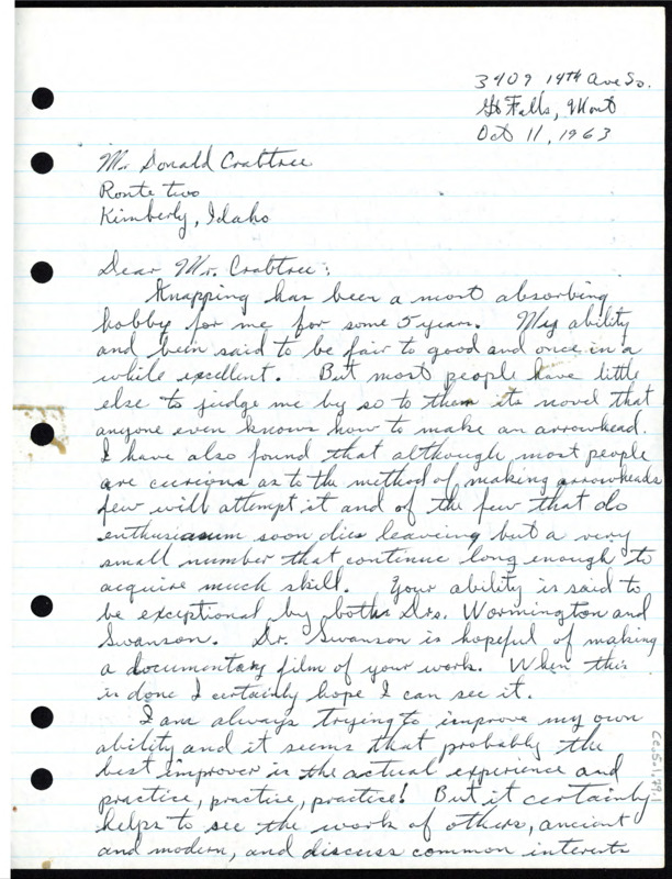 Letter from James Healy to Don Crabtree regarding his progress in flintknapping; includes an illustration and photographs of some of his work thus far. Envelope included.