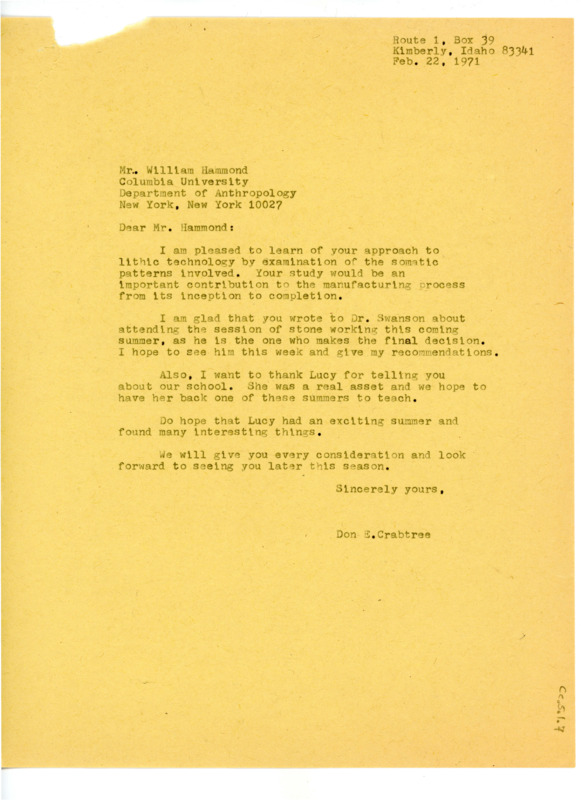 Letter from Don Crabtree to William Hammond regarding Crabtree's field school and Hammond's recommender, Lucy Lewis.