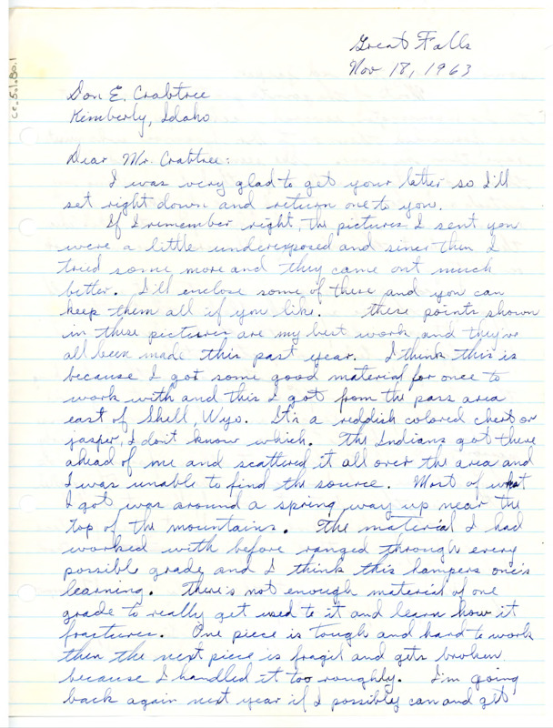 Letter from James Healy to Don Crabtree regarding pictures of his flintknapping work and material sourcing. Envelope included.