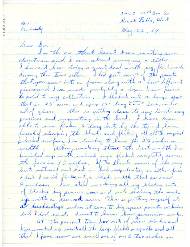 Letter from James Healy to Don Crabtree regarding recent flintknapping projects including beginning to learn percussion work. Envelope included.