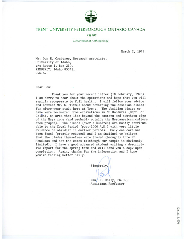 Letter from Paul Healy to Don Crabtree regarding recovered obsidian blades from Honduras.